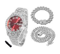 HALUKAKAH Orologio Diamanti Iced Out per Ragazzi Adolescenti - Placcato Platino,Quadrante Rosso 42mm,Lunghezza 20cm,con Catene Cubane 18+40cm e Strumento di Regolazione - Scatola Regalo Dorata