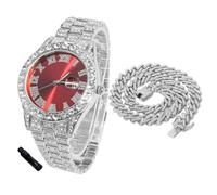 HALUKAKAH Orologio Diamanti Iced Out per Ragazzi Adolescenti - Placcato Platino,Quadrante Rosso 42mm,Lunghezza 20cm,con Catena Cubane 40cm e Strumento di Regolazione - Scatola Regalo Dorata