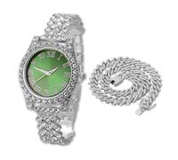 HALUKAKAH Orologio Diamanti Iced Out per Ragazzi Adolescenti - Placcato Platino,Quadrante Verde 36mm,Lunghezza 20cm,con Catena Cubane 40cm e Strumento di Regolazione - Scatola Regalo Dorata