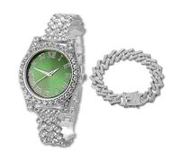 HALUKAKAH Orologio Diamanti Iced Out per Ragazzi Adolescenti - Placcato Platino,Quadrante Verde 36mm,Lunghezza 20cm,con Catena Cubane 18cm e Strumento di Regolazione - Scatola Regalo Dorata