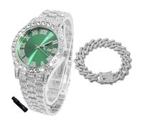 HALUKAKAH Orologio Diamanti Iced Out per Ragazzi Adolescenti - Placcato Platino,Quadrante Verde 42mm,Lunghezza 20cm,con Catena Cubane 18cm e Strumento di Regolazione - Scatola Regalo Dorata