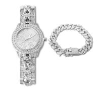 HALUKAKAH Orologio d'oro con Diamantes Iced out,Uomo Placcato in Oro Bianco Platino al Quarzo Cinturino a Catena Cubana 9.5",Set di Bracciali Catena Cubana 8",Lab Diamantes,Gratuito Pacco Regalo