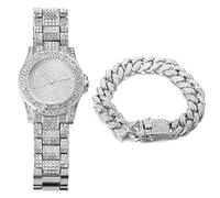 HALUKAKAH Orologio d'oro con Diamantes Iced out,Uomo Placcato in Oro Bianco Platino Cinturino al Quarzo 8.7",con Set di Bracciali a Catena Cubana da 8",Cz Completa Lab Diamantes,Gratuito Pacco Regalo