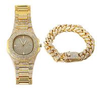 HALUKAKAH Orologio d'oro con Diamantes Iced out,Uomo Placcato Oro Reale 18k Cinturino al Quarzo 9.5",con Set di Bracciali a Catena Cubana da 8",Cz Completa Lab Diamantes,Gratuito Pacco Regalo