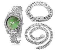 HALUKAKAH Orologio d'oro con Diamanti,Bambino Platino Placcato Oro Bianco 36MM Larghezza Verde Quadrante Quartz 20cm con Catena Cubane18+40cm Collana Bracciale,Confezione Regalo Gratuita