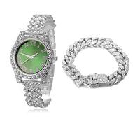 HALUKAKAH Orologio d'oro con Diamanti,Bambino Platino Placcato Oro Bianco 36MM Larghezza Verde Quadrante Quartz 20cm con Catena Cubane18cm Bracelet,Confezione Regalo Gratuita