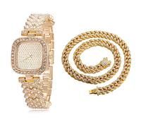 HALUKAKAH Orologio d'oro con Diamanti,Donna Placcato Oro 18 Carati Plated 30MM Larghezza Quadrante Quadrato Quartz 19cm con Catena Cubane40cm Necklace,Confezione Regalo Gratuita