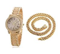 HALUKAKAH Orologio d'oro con Diamanti,Donna Placcato Oro 18 Carati Plated 30MM Larghezza Round Quadrante Quartz 19cm con Catena Cubane40cm Necklace,Confezione Regalo Gratuita