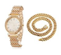 HALUKAKAH Orologio d'oro con Diamanti,Donna Placcato Oro 18 Carati Plated 33MM Larghezza Round Quadrante Quartz 19cm con Catena Cubane40cm Necklace,Confezione Regalo Gratuita