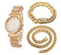 HALUKAKAH Orologio d'oro con Diamanti,Donna Placcato Oro 18 Carati Plated 33MM Larghezza Round Quadrante Quartz 19cm con Catena Cubane18+40cm Collana Bracciale,Confezione Regalo Gratuita