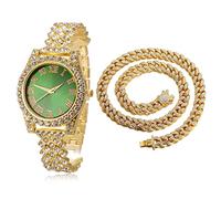 HALUKAKAH Orologio d'oro con Diamanti,Donna Placcato Oro 18 Carati Plated 36MM Larghezza Verde Quadrante Quartz 20cm con Catena Cubane40cm Nacklace,Confezione Regalo Gratuita