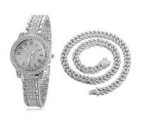 HALUKAKAH Orologio d'oro con Diamanti,Donna Platino Placcato Oro Bianco 30MM Larghezza Round Quadrante Quartz 19cm con Catena Cubane40cm Necklace,Confezione Regalo Gratuita
