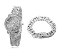 HALUKAKAH Orologio d'oro con Diamanti,Donna Platino Placcato Oro Bianco 30MM Larghezza Round Quadrante Quartz 19cm con Catena Cubane18cm Bracelet,Confezione Regalo Gratuita