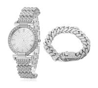 HALUKAKAH Orologio d'oro con Diamanti,Donna Platino Placcato Oro Bianco 33MM Larghezza Round Quadrante Quartz 19cm con Catena Cubane18cm Bracelet,Confezione Regalo Gratuita