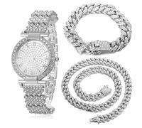 HALUKAKAH Orologio d'oro con Diamanti,Donna Platino Placcato Oro Bianco 33MM Larghezza Round Quadrante Quartz 19cm con Catena Cubane18+40cm Collana Bracciale,Confezione Regalo Gratuita
