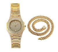HALUKAKAH Orologio d'oro Diamantes Iced out,Uomo Placcato Oro Reale 18k Cinturino al Quarzo 24cm,con Set di Bracciali a Catena Cubana da 20cm,Cz Completa Lab Diamantes,Gratuito Pacco Regalo