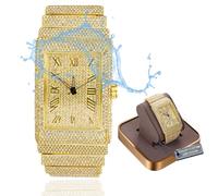 HALUKAKAH Orologio in Oro Moissanite Diamont per Uomini - Placcato in Oro Bianco Platino, Base Impermeabile, Quadrante Rettangolare con Numeri Romani, Pesante, 3 Lati Iced Out, Bracciale 24cm