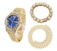 HALUKAKAH Orologio Oro con Diamanti per Uomo,Placcato Oro Quarzo Cinturino 24cm Quadrante Blu,con Catena da Tennis con Diamanti a Grappolo Bracciale 20cm + Collana 45cm,con Pacco Regalo