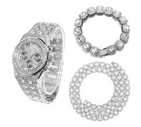HALUKAKAH Orologio Oro con Diamanti per Uomo,Placcato Platino Larghezza 20mm Quarzo Cinturino 22cm,con Catena da Tennis con Diamanti a Grappolo Bracciale 20cm + Collana 45cm,con Pacco Regalo