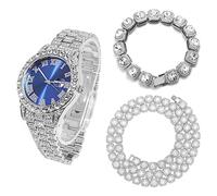HALUKAKAH Orologio Oro con Diamanti per Uomo,Placcato Platino Quarzo Cinturino 24cm Quadrante Blu,con Catena da Tennis con Diamanti a Grappolo Bracciale 20cm + Collana 45cm,con Pacco Regalo