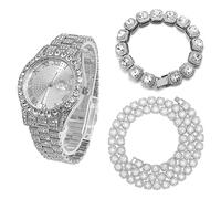 HALUKAKAH Orologio Oro con Diamanti per Uomo,Placcato Platino Quarzo Cinturino 24cm Quadrante Rotondo,con Catena da Tennis con Diamanti a Grappolo Bracciale 20cm + Collana 45cm,con Pacco Regalo