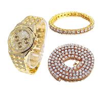 HALUKAKAH Orologio Oro con Diamanti,Uomo Placcato Oro Vero 18k Larghezza 20mm Quarzo Cinturino 22cm,con Catena da Tennis Bracciale 20cm + Collana 45cm,Viene Fornito con Pacco Regalo