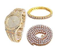 HALUKAKAH Orologio Oro con Diamanti,Uomo Placcato Oro Vero 18k Quarzo Cinturino 22cm Quadrante Ottagonale,con Catena da Tennis Bracciale 20cm + Collana 45cm,Viene Fornito con Pacco Regalo