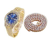 HALUKAKAH Orologio Oro con Diamanti,Uomo Placcato Oro Vero 18k Quarzo Cinturino 24cm Quadrante Blu,con Catena da Tennis Collana 45cm,Viene Fornito con Pacco Regalo