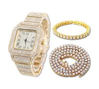 HALUKAKAH Orologio Oro con Diamanti,Uomo Placcato Oro Vero 18k Quarzo Cinturino 24cm Quadrante Quadrato,con Catena da Tennis Bracciale 20cm + Collana 45cm,Viene Fornito con Pacco Regalo