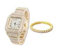 HALUKAKAH Orologio Oro con Diamanti,Uomo Placcato Oro Vero 18k Quarzo Cinturino 24cm Quadrante Quadrato,con Catena da Tennis Bracciale 20cm,Viene Fornito con Pacco Regalo