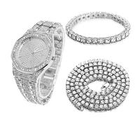 HALUKAKAH Orologio Oro con Diamanti,Uomo Placcato Platino Oro Bianco Quarzo Cinturino 22cm Quadrante Ottagonale,con Catena da Tennis Bracciale 20cm + Collana 45cm,Viene Fornito con Pacco Regalo