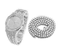 HALUKAKAH Orologio Oro con Diamanti,Uomo Placcato Platino Oro Bianco Quarzo Cinturino 22cm Quadrante Ottagonale,con Catena da Tennis Collana 45cm,Viene Fornito con Pacco Regalo