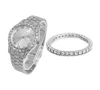 HALUKAKAH Orologio Oro con Diamanti,Uomo Placcato Platino Oro Bianco Quarzo Cinturino 24cm Quadrante Rotondo,con Catena da Tennis Bracciale 20cm,Viene Fornito con Pacco Regalo
