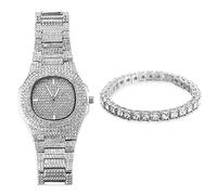 HALUKAKAH Orologio Oro con Diamanti,Uomo Placcato Platino Oro Bianco Quarzo Cinturino 24cm Quadrante Ovale,con Catena da Tennis Bracciale 20cm,Viene Fornito con Pacco Regalo