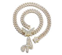 Halukakah Placcato Oro Reale 18 Carati Collana con Ciondolo per Uomo e Donna - Oltre 1000 Diamanti - Catena a Maglie Cubane - Ciondolo con Lettera A Iniziale Farfalla 3D -Idea Regalo per I Propri Cari