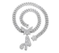 HALUKAKAH Platino Placcato Oro Bianco Collana con Ciondolo per Uomo e Donna - Oltre 1000 Diamanti - Catena a Maglie Cubane - Ciondolo con Lettera A Iniziale Farfalla 3D -Idea Regalo per I Propri Cari