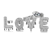 HALUKAKAH Platino Placcato Oro Bianco Set di Anelli con Lettera a Bolle LOVE Iniziale per Uomo e Donna - Taglia Regolabile - Lettera Goccia d'Acqua di Strass in Cluster -Idea Regalo per I Propri Cari