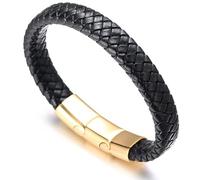 HALUKAKAH Plus ● Solo ● Bracciale Uomo in Vera Pelle Cuoio Nero con Chiusura Magnetica in Titanio Acciaio Dorato Taglia Regolabile 8.46"-9"(21.5-23cm) con Pacco Regalo Gratuito