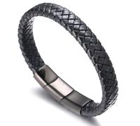 HALUKAKAH Plus ● Solo ● Bracciale Uomo in Vera Pelle Cuoio Nero con Chiusura Magnetica in Titanio Acciaio Nero Taglia Regolabile 8.46"-9"(21.5-23cm) con Pacco Regalo Gratuito