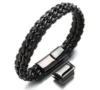 Halukakah Plus ? Solo Silver/Honor Gold/Nightwatch Black ? Men's Genuine Leather Bracelet Titanium Chain Magnetic Clasp 21.5-23cm with Free Giftbox (Night Watch Black Double Chain with An Extra Clasp)