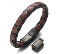 HALUKAKAH Plus ● Tango ● Bracciale Uomo in Vera Pelle Cuoio Fatto a Mano Braid Marrone & Nero Plaid Titanio Acciaio Chiusura Magnetica Taglia Regolabile 8.46"-9"(21.5-23cm) con Pacco Regalo Gratuita