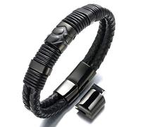 HALUKAKAH Plus ● Vulcano ● Bracciale Uomo in Vera Pelle Cuoio Chiusura Magnetica in Titanio Acciaio Nero Taglia Regolabile 8.46"-9"(21.5-23cm) con Pacco Regalo Gratuita