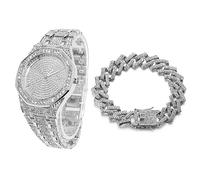 HALUKAKAH Quadrante Ottagonale Orologio Oro con Diamanti,Uomo Placcato Platino Oro Bianco Quarzo Cinturino 22cm,con Catena da Cubane Bracciale 20cm,con Pacco Regalo