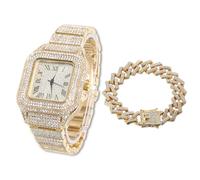 HALUKAKAH Quadrante Quadrato Orologio Oro con Diamanti,Uomo Placcato Oro Vero 18k Quarzo Cinturino 24cm,con Catena da Cubane Bracciale 20cm,con Pacco Regalo