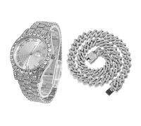 HALUKAKAH Quadrante Rotondo Orologio Oro con Diamanti,Uomo Placcato Platino Oro Bianco Quarzo Cinturino 24cm,con Catena da Cubane Collana 45cm,con Pacco Regalo