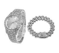 HALUKAKAH Quadrante Rotondo Orologio Oro con Diamanti,Uomo Placcato Platino Oro Bianco Quarzo Cinturino 24cm,con Catena da Cubane Bracciale 20cm,con Pacco Regalo