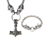 HALUKAKAH Set Collana e Bracciale in Acciaio Martello di Thor Vichingo - Collana 60cm + Bracciale 21cm - Acciaio Al Titanio Tono Argento Antico - Gioiello di Mitologia Norrena - Regalo per Uomo
