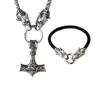 Halukakah Set Collana e Bracciale in Pelle Martello di Thor Vichingo - Collana 60cm + Bracciale Corda 21cm - Pendente in Acciaio Al Titanio Tono Argento Antico - Gioiello di Mitologia Norrena per Uomo