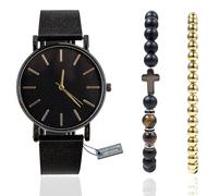 HALUKAKAH Set Orologio da Uomo Minimalista in Acciaio Inossidabile Nero - con Bracciale in Perle di Ematite Placcate Oro, Collana in Perle di Pietra Naturale Occhio di Tigre Croce, Set da 3