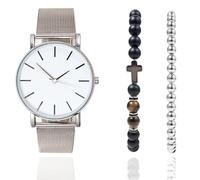 HALUKAKAH Set Orologio da Uomo Minimalista in Acciaio Inossidabile Platino - con Bracciale in Perle di Ematite Placcate Oro, Collana in Perle di Pietra Naturale Occhio di Tigre Croce, Set da 3